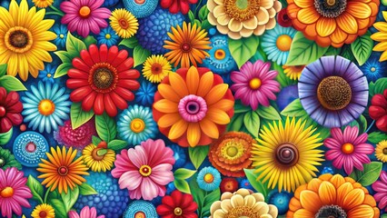 Vibrant colorful flowers bloom in a seamless repeating pattern, creating a stunning abstract design ideal for backgrounds, textiles, and crafts.