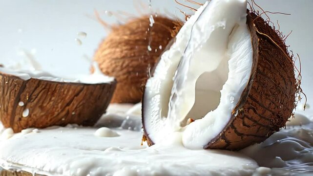 Slice coconut milk falling from the top