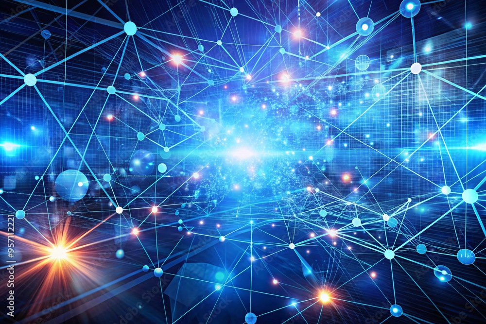 Poster a complex web of light-filled nodes and lines creating a digital matrix, symbolizing the interconnec