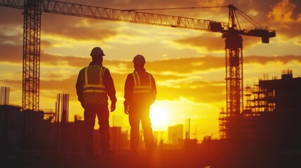Sunset over a construction site, two workers in highvis gear, dramatic shadows, warm tones, hyperrealistic, cinematic scene  ,
