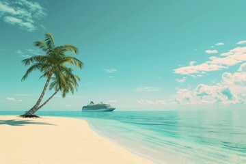 Obraz premium A serene beach scene with a leaning palm tree and a cruise ship in the tranquil turquoise waters under a clear sky.