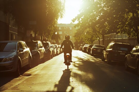 A motorcyclist rides down a sunlit street, flanked by parked cars and dappled with shadow from overhanging trees, capturing a tranquil urban morning scene. - Powered by Adobe