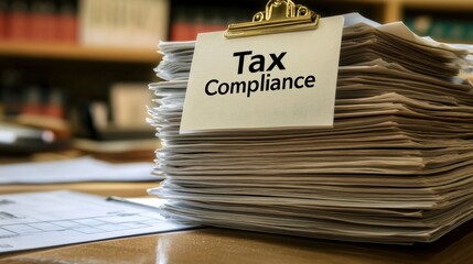 Stack of documents with a label reading Tax Compliance, indicating the importance of financial paperwork and regulations.