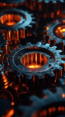 Close-up view of glowing mechanical gears with an industrial theme, showcasing intricate engineering and precision craftsmanship.