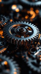 Close-up of interlocking metal gears with a blurred background. The image captures the intricate details and functionality of the machinery components.