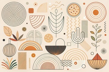 Intricate line drawings combine geometric shapes, organic forms, and expressive brushstrokes on a neutral canvas, evoking a sense of dynamic equilibrium.