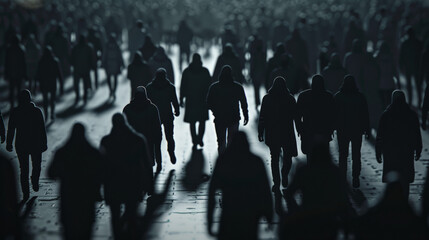 Crowd of sad identical silhouetted people walking