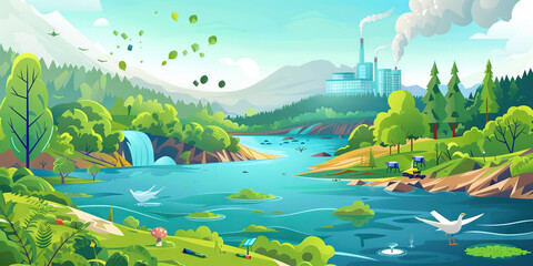 Environmental impact infographic, using shades of green, blue, and brown to illustrate CO2 emissions, energy consumption, and recycling initiatives, on a natural background.