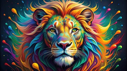 Vibrant, colorful vector illustration of a majestic lion's face, adorned with swirls of paint and abstract brushstrokes, blending realism and artistic expression.