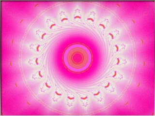 Swirling patterns in shades of pink radiate from the center, creating a hypnotic and symmetrical vortex. Repeating shapes add to the captivating and psychedelic nature of the design.