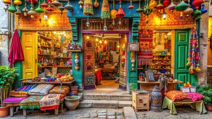 Fototapeta premium Vibrant colors and eclectic decorations fill a small, cozy storefront in a bustling Indian market, showcasing local entrepreneurial spirit and cultural heritage.