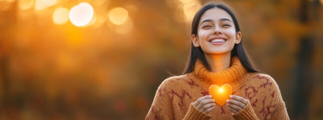 Photo of happy beautiful girl holding glowing heart with glowing smile in autumn season. Positive emotions to cope with autumn depression. Beautiful girl in happy mood in autumn photo.