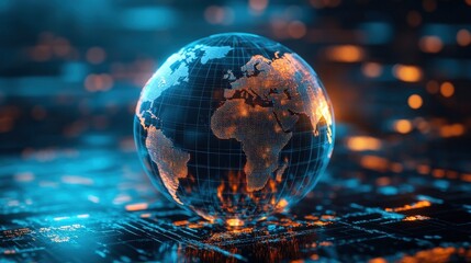 Digital Earth glowing in cyber space with data connections, representing global connectivity and futuristic technology.