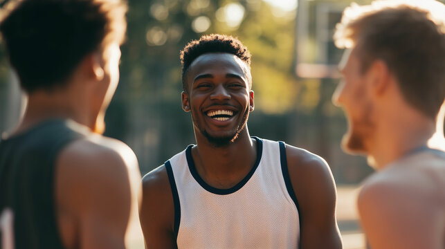 Basketball Teammates Enjoying a Light Moment During Afternoon Practice on the Court