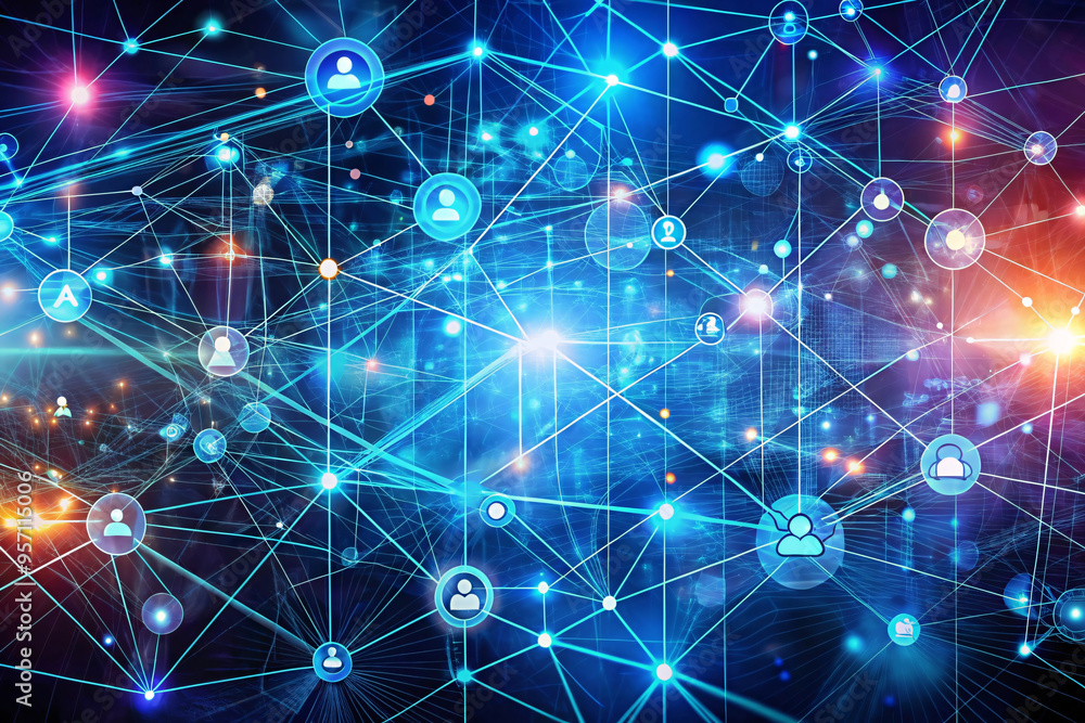 Aufkleber an advanced digital network with user icons and interconnected lines, representing social connection