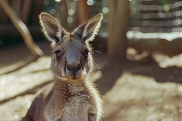 A curious kangaroo gazes directly at the camera, with soft lighting highlighting its expressive eyes and fuzzy texture.