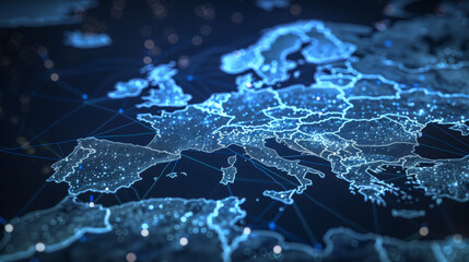 Abstract map of Western Europe, concept of data transfer and cyber technology