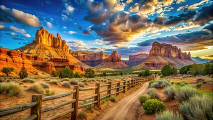 Vibrant desert landscape featuring majestic sandstone formations, turquoise skies, and rustic wooden fences, capturing the rugged beauty of the American Southwest.
