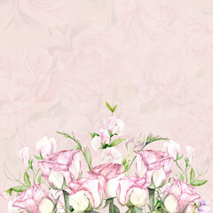 Watercolor composition of Roses and fragrant Peas. Hand drawn on a pink background with peonies in pastel colors. Suitable for card designs, textiles and scrapbooking.