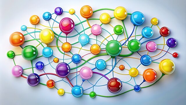 Vibrant diagram illustrating interconnected thoughts and ideas with colorful bubbles and curved lines, symbolizing creative brainstorming, organization, and problem-solving strategies 