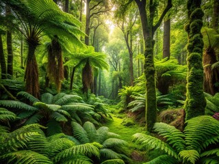 Lush green ferns and majestic trees conjure an ethereal ambiance in a mystical forest, where nature's beauty transports visitors to an enchanting realm.