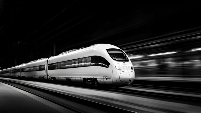 A train moving with motion blur and speed lines effects, in black and white style