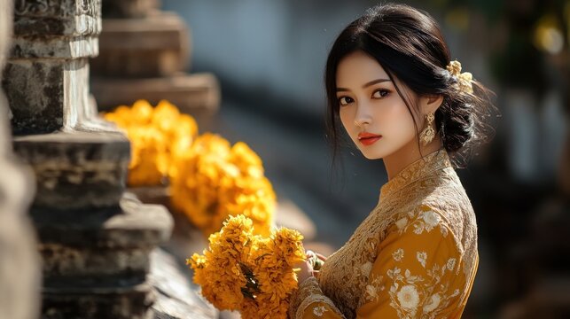 Beautiful Asian woman in kebaya and yellow flowers with regional make up background wallpaper AI generated image