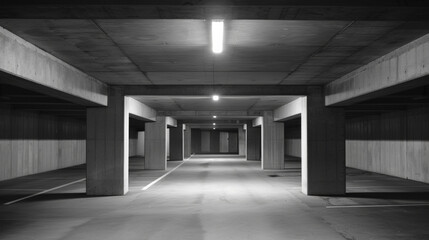 A parking garage, modern concrete. Wide shot