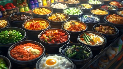 Fototapeta premium An eclectic food market with bright colors and 3D-rendered bowls of bibimbap