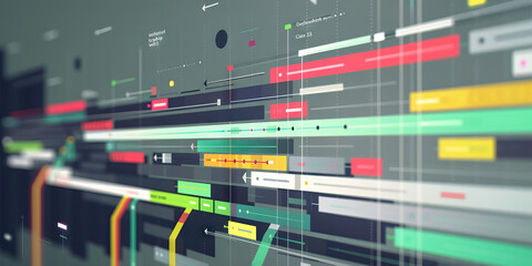 Fototapeta premium Project timeline Gantt chart, displaying tasks and deadlines in different colors and their corresponding percentages, against a gray and green background.