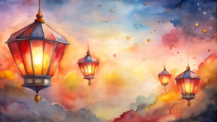 Obraz premium Colorful watercolor lanterns glowing in a dreamy sky background with copy space
