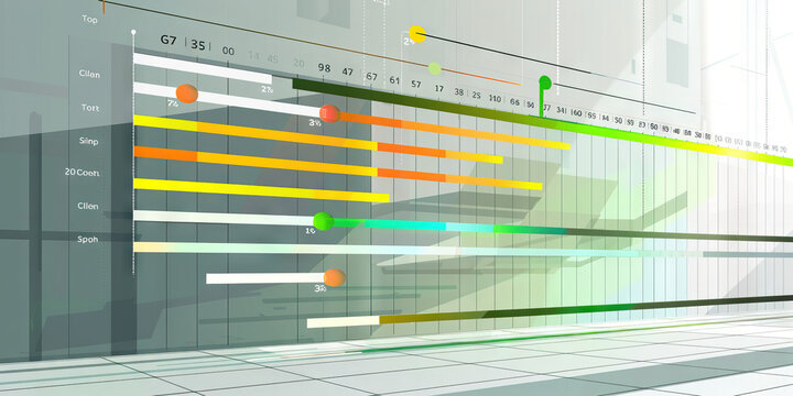 Project timeline Gantt chart, displaying tasks and deadlines in different colors and their corresponding percentages, against a gray and green background.