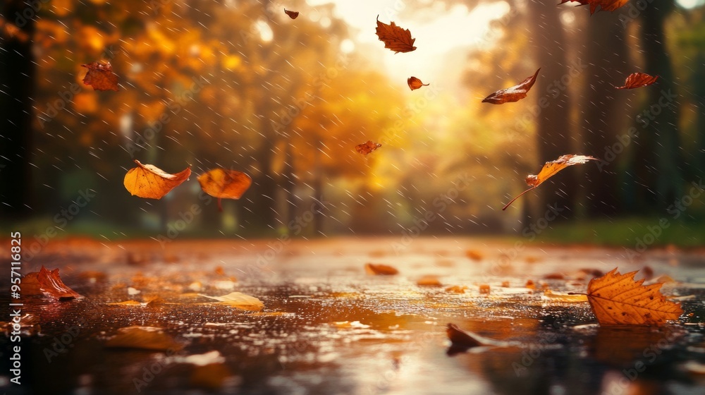 Poster the forest background is adorned with autumn rain drops splashing in autumn weather.