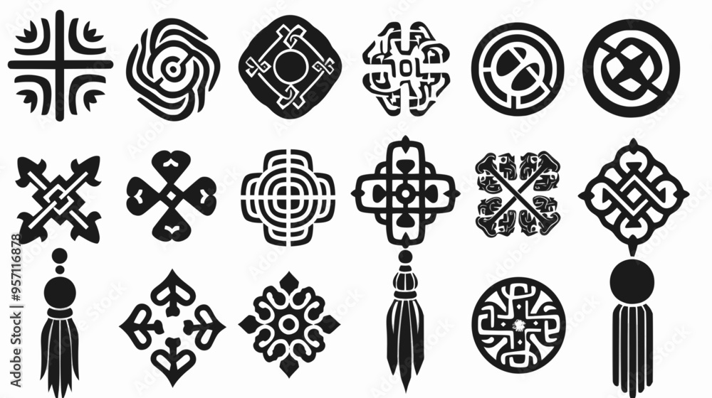 Wall mural Black and white vector celtic knot and tassel, traditional chinese textures, adinkra symbols, orthodox icons, slavic folklore symbols