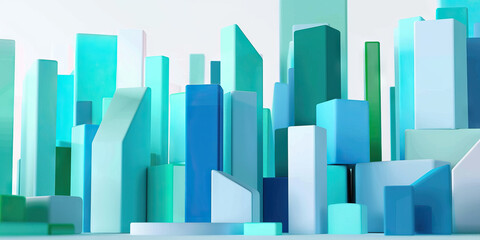 Company mission statement poster, showcasing key values and goals in various shades of blue and green, against a white background.