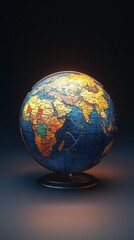 Illuminated globe with continents highlighted, showcasing geographic details, perfect for travel and education themes.