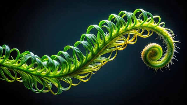 Vibrant green and brown spiraling tendrils of freshwater algae unfurl from a delicate, translucent stem, set against a stark black background, showcasing intricate textures.
