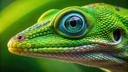 Vibrant green anole lizard's scaly skin and intricate details are magnified in extreme close-up, showcasing its tiny eyes, nostrils, and delicate limbs in stunning natural light.