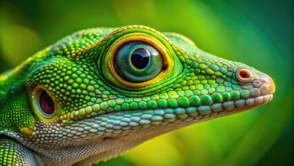 Fototapeta premium Vibrant green anole lizard's scaly skin and intricately patterned eyes are showcased in stunning detail against a blurred natural background in this extreme close-up shot.