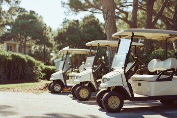 A row of golf carts lined up in the shade, ready for a day of leisure and sport on a sunlit golf course.