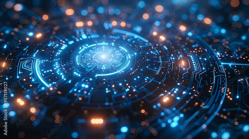 Poster a futuristic digital interface with glowing blue and orange circuits, resembling a high-tech control