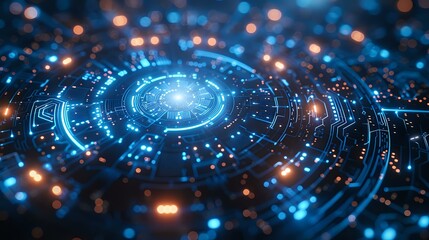 Obraz premium A futuristic digital interface with glowing blue and orange circuits, resembling a high-tech control system. Ideal for themes related to technology, data networks, or innovation.