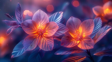 Beautiful glowing orange flowers with blue leaves in dreamy bokeh light, perfect for romantic design, greeting cards and magical garden atmosphere.