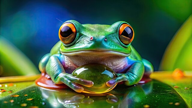 Vibrant green frog eye stared straight ahead, tiny black pupil centered in iridescent orb, surrounded by delicate eyelids and intricate patterns on translucent skin.