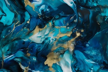 Abstract fluid art background in deep ocean blue and gold tones, perfect for luxury interior design, packaging, or modern wall decor. Dynamic swirls create an elegant marble effect.