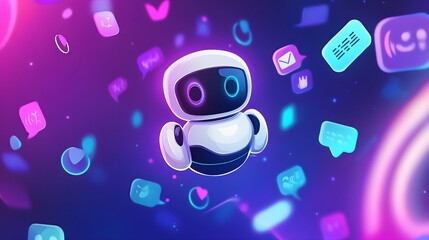 A cute white robot is surrounded by purple and blue speech bubbles with various messages floating around it, creating an adorable cartoon illustration