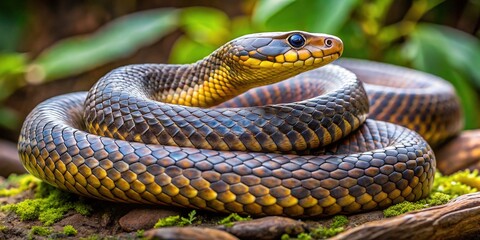 Fototapeta premium Scaly snake from Southeast Asia boasts unusual skin, resembling miniature warts, with intricate patterns and textures, striking a unique visual balance.