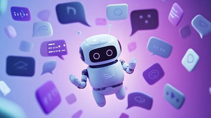 A cute white robot is surrounded by purple and blue speech bubbles with various messages floating around it, creating an adorable cartoon illustration
