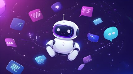 A cute white robot is surrounded by purple and blue speech bubbles with various messages floating around it, creating an adorable cartoon illustration