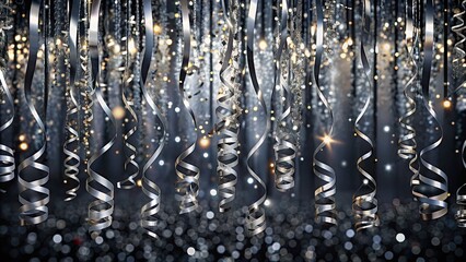 Vibrant silver metallic streamers cascade down a dark background, shimmering with festive elegance and radiating celebratory ambiance, perfect for party or special occasion decor.